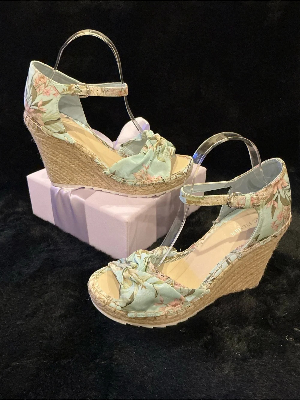 Marc Fisher Floral Light Blue Espadrille Wedge Sandals Size 8.5